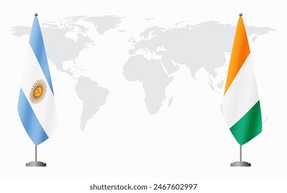 Argentina and Ivory Coast flags for official meeting against background of world map.