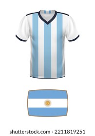 Argentina jersey football kit. World football tournament 2022. National t-shirt and flag of soccer team Argentina on white background. Vector illustration.