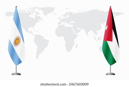 Banderas de Argentina y Jordania para reunión oficial contra fondo de mapa mundial.