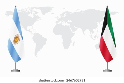 Argentina and Kuwait flags for official meeting against background of world map.