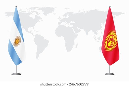 Argentina and Kyrgyzstan flags for official meeting against background of world map.