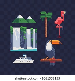 Argentina landmark pixel art 80s style icons part3, with nature waterfall landscape and tropical bird, mountain palm and liner isolated vector illustration. Design for stickers, logo, app. 8-bit.