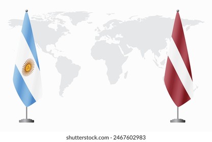 Argentina and Latvia flags for official meeting against background of world map.