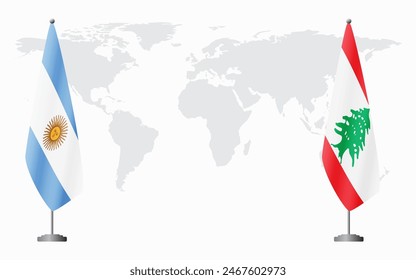 Argentina and Lebanon flags for official meeting against background of world map.