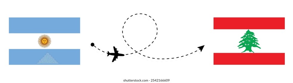 Argentina to Lebanon flight travel concept . Buenos Aires to Beirut passenger travelling by airplane . A Argentina and Lebanon flags