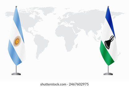 Argentina and Lesotho flags for official meeting against background of world map.