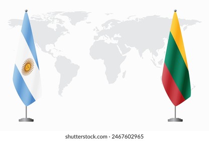 Argentina and Lithuania flags for official meeting against background of world map.