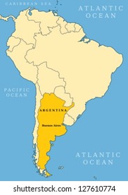 Argentina locator map - country and capital city Buenos Aires. Map of South America.