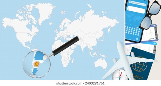 Argentina is magnified over a World Map, illustration with airplane, passport, boarding pass, compass and eyeglasses. Vector illustration.