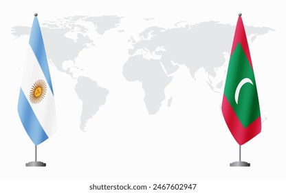 Argentina and Maldives flags for official meeting against background of world map.