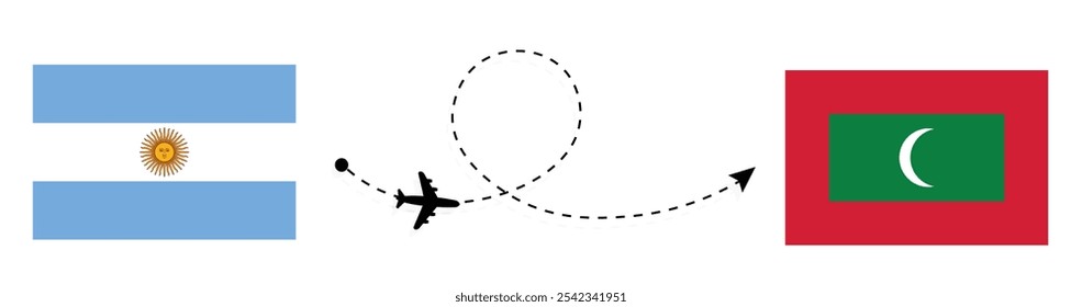 Argentina to Maldives flight travel by airplane concept . Buenos Aires to Male Passenger travelling by airplane . Argentina and Australia flags