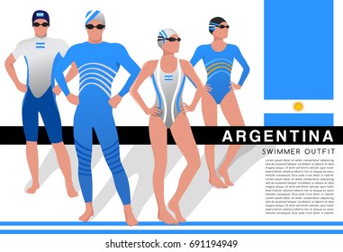 Argentina : Male and Female Swimmers : Swimmers in National Swimsuits : Vector Illustration