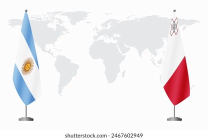 Argentina and Malta flags for official meeting against background of world map.