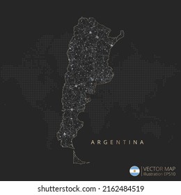 Argentina map abstract geometric mesh polygonal light concept with black and white glowing contour lines countries and dots on dark background. Vector illustration.