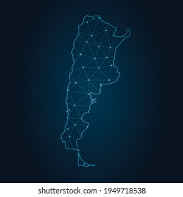 Mapa argentino Resumen de la línea de purga y las escalas de puntos en el fondo oscuro. Línea de red poligonal de malla 3D del marco de cables.