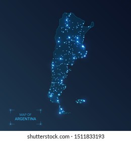 Argentina map with cities. Luminous dots - neon lights on dark background. Vector illustration. 