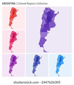 Argentina map collection. Country shape with colored regions. Deep Purple, Red, Pink, Purple, Indigo, Blue color palettes. Border of Argentina with provinces for your infographic. Vector illustration.