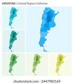 Argentina map collection. Country shape with colored regions. Light blue, cyan, teal, green, light green, lime color palettes. Border of Argentina with provinces for your infographic.