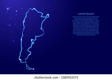 Argentina map from the contour blue brush lines different thickness and glowing stars on dark background. Vector illustration.