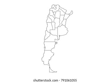 Argentina map with country borders, thin black outline on white background. High detailed vector map with counties/regions/states - Argentina. contour, shape, outline, on white.