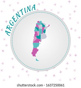 Argentina map design. Map of the country with regions in emerald-amethyst color palette. Rounded travel to Argentina poster with country name and airplanes background. Classy vector illustration.
