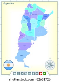 Mapa argentino con botones de bandera y asistencia y activa iconos Ilustración original