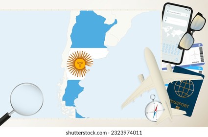 Argentina map and flag, cargo plane on the detailed map of Argentina with flag, passport, magnifying glass and airplane. Vector template.