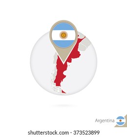 Argentina map and flag in circle. Map of Argentina, Argentina flag pin. Map of Argentina in the style of the globe. Vector Illustration.