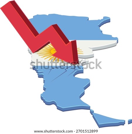 Argentina map (flag colors) cracked by a large red arrow crashing down. Concept of economic recession or crisis in South America. (cut out)