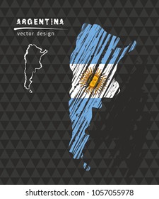 Argentina map with flag inside on the black background. Chalk sketch vector illustration