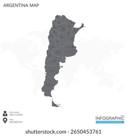 Argentina map high detailed with regions and cities of the country on white background. Vector illustration EPS10.
