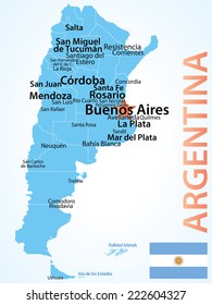 Argentina - map with larget cities, carefully scaled text by city population.