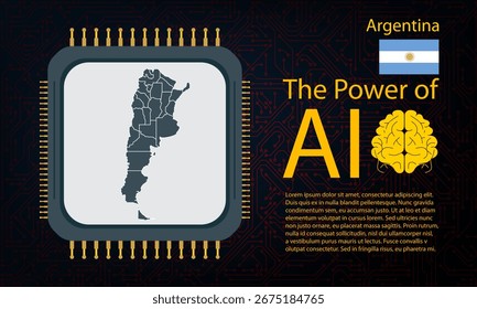 argentinische Karte mit Mikrochip-Krieg und KI-Konzept auf Platine, Power of AI mit Landkarte. Globale Konnektivität mit Big Data. Design für UI Hintergründe oder FinTech Projekte.