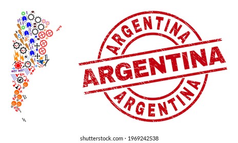 Argentina map mosaic and dirty Argentina red round stamp print. Argentina seal uses vector lines and arcs. Argentina map mosaic includes gears, homes, lamps, suns, hands, and more pictograms.