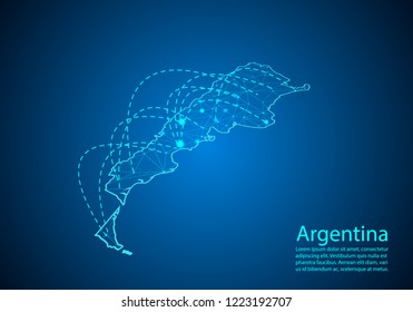 argentina map with nodes linked by lines. concept of global communication and business. Dark argentina map created from white dots with travel locations or internet connection.