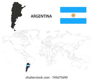 Argentina map on a world map with flag on white background.