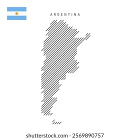 Argentina map from pattern of black slanted parallel lines. Argentinian map with gray diagonal lines. Silhouette of a country made of oblique hatching. Vector illustration isolated on white.