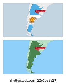 Argentina map with pin of country capital. Two types of Argentina map with neighboring countries. Vector template.