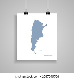 Argentina map poster.  Blue vector map on piece of paper with paper clip, on a gray background. 