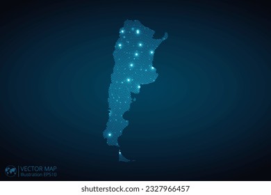 Argentina map radial dotted pattern in futuristic style, design blue circle glowing outline made of stars. concept of communication on dark blue background. Vector EPS10