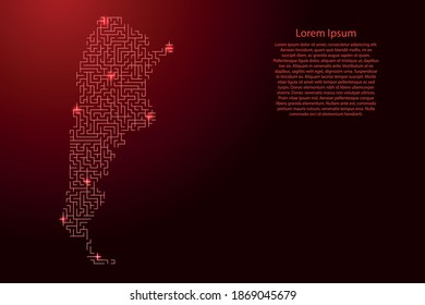 Argentina map from red pattern of the maze grid and glowing space stars grid. Vector illustration.