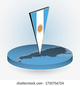 Argentina map in round isometric style with triangular 3D flag of Argentina, vector map in blue color. 