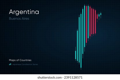 Argentina map is shown in a chart with bars and lines. Japanese candlestick chart Series	