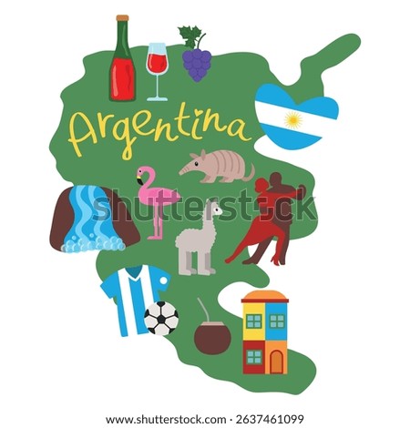 Argentina Map. Stylized Argentina Map with Landmarks, Wine, Flag, Dances, eps10
