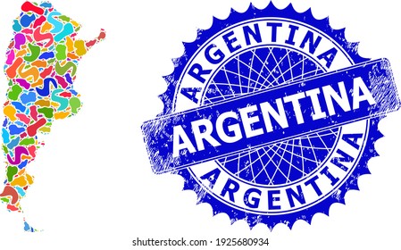 Argentina map template. Spot mosaic and scratched mark and Argentina map. Sharp rosette blue stamp with tag and Argentina map. Mosaic vector Argentina map is formed with random colorful splashes.