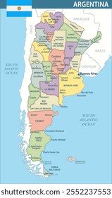 Argentina Map Vector New 2024 Colorful - Customizable layered political map of Argentina with administrative divisions for website, education, reports, news, politics, print, poster and wallpaper