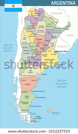 Argentina Map Vector New 2024 Colorful - Customizable layered political map of Argentina with administrative divisions for website, education, reports, news, politics, print, poster and wallpaper