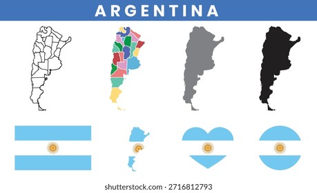 Vetor de mapa da Argentina com províncias e conjunto de bandeira nacional