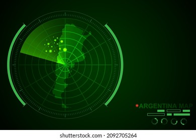 Mapa de Argentina - Mapa Mundial Plantilla vectorial internacional con el estilo de radar de círculo futurista HUD, GUI, interfaz de interfaz de usuario aislada en fondo verde oscuro - Ilustración vectorial eps 10