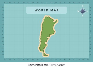 Mapa de Argentina - Mapa Mundial Plantilla vectorial Internacional Alto detalle con color verde y crema aislado en fondo azul incluyendo icono de la rosa de la brújula - Ilustración vectorial eps 10